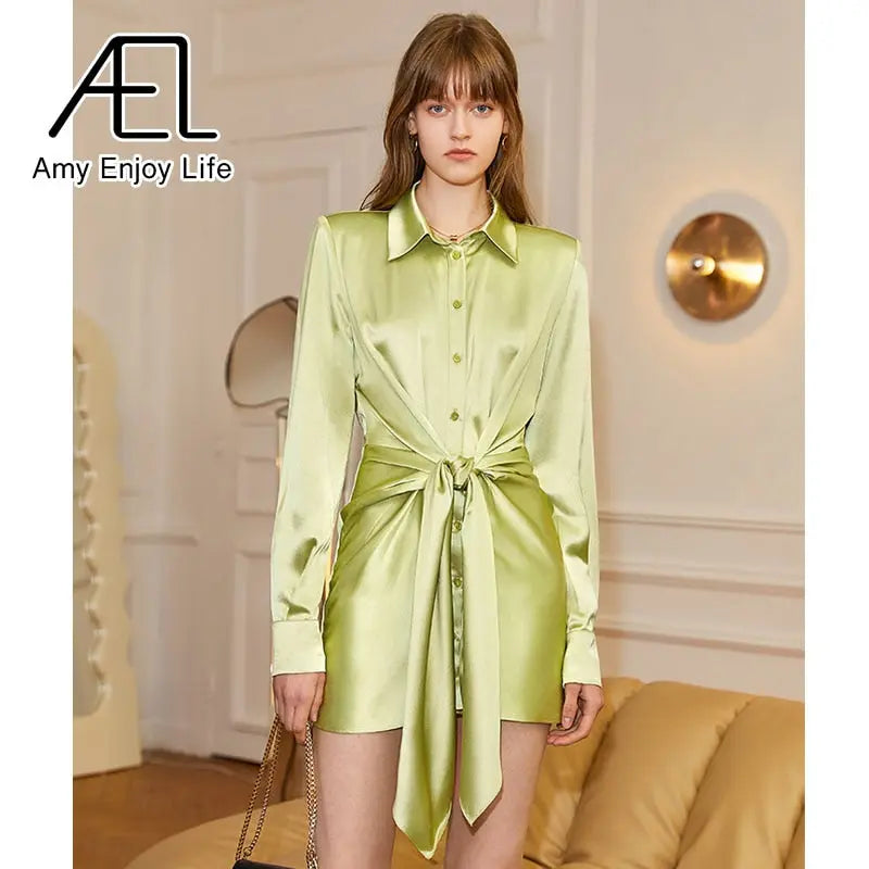 AEL New Women Satin Shirt Mini Dress Summer Casual Loose Elegant Party Belt One Piece Clothes Vestidos Streetwear eprolo