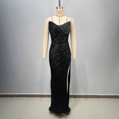 Spring and Summer New Women's Off-the-Shoulder Sequined Sexy Evening Dress Halter Sequined Sleeveless Party Dress Long Skirt eprolo