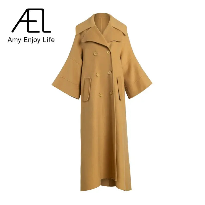 High End Customized Gardenia Yellow Big Cuffs Design Double-Sided Wool Coat Autumn And Winter New Women eprolo