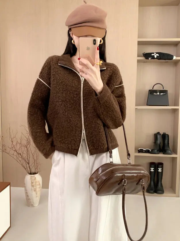 Wool Coat Heavyweight Thick Loose Stand Collar Double Zipper Sweater Women's Winter Wool Cardigan Top eprolo