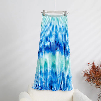 Printed Wave Pleated 2 Pieces Set Women's Turtleneck Long Sleeves Slim Tops High Wasit Fold Skirts Female eprolo