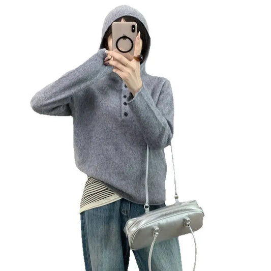 Hooded Pullover Sweater for Women, Lazy Style High-Grade Fleece Knitted Top with Cashmere eprolo