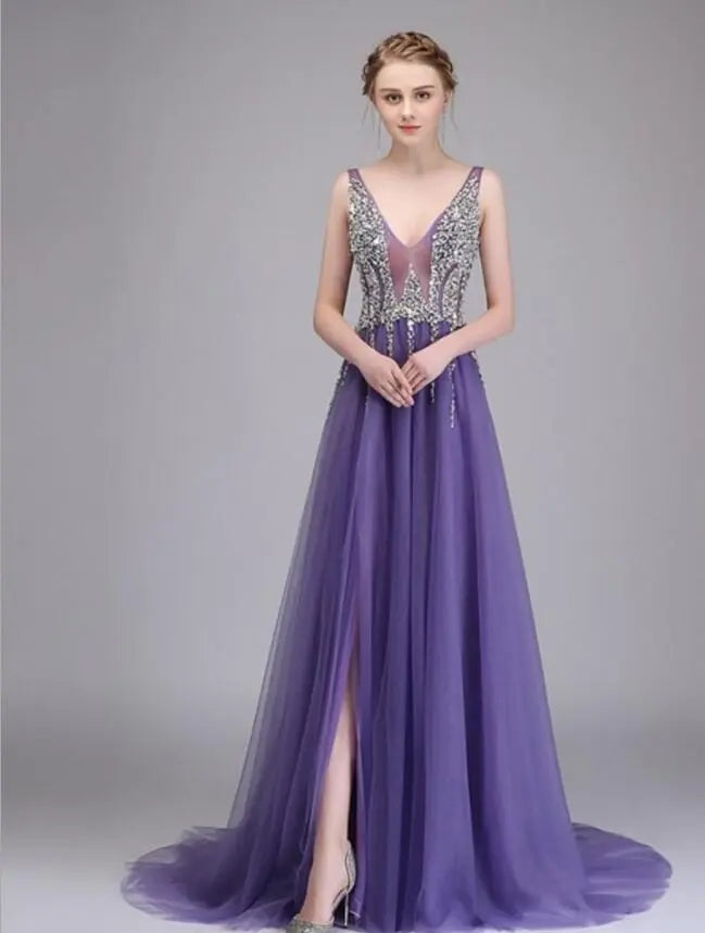 Sexy Side Split Prom Dresses  Deep V-Neck Backless Beads Crystal Party Gowns Sleeveless Sweep Train Cheap Tulle Party Dress eprolo