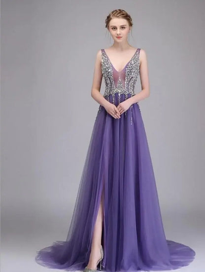 Sexy Side Split Prom Dresses  Deep V-Neck Backless Beads Crystal Party Gowns Sleeveless Sweep Train Cheap Tulle Party Dress eprolo
