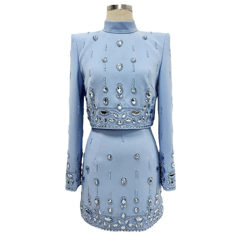 European and American fashion new heavy industry nail bead inlaid diamond short top half skirt set two-piece set eprolo