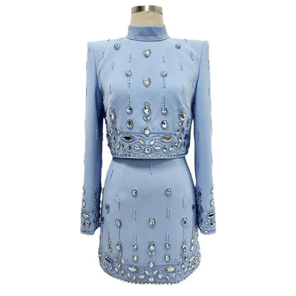 European and American fashion new heavy industry nail bead inlaid diamond short top half skirt set two-piece set eprolo