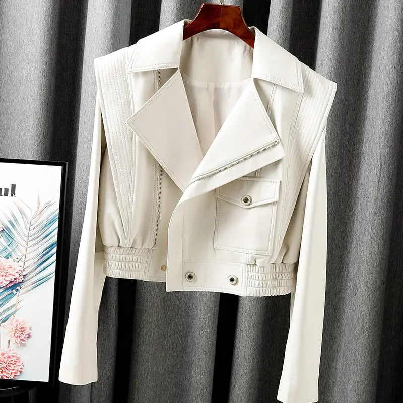 Jacket For Women New European Genuine Leather Coat Female Zipper Large Lapel Short Oversize Locotive Whtie eprolo