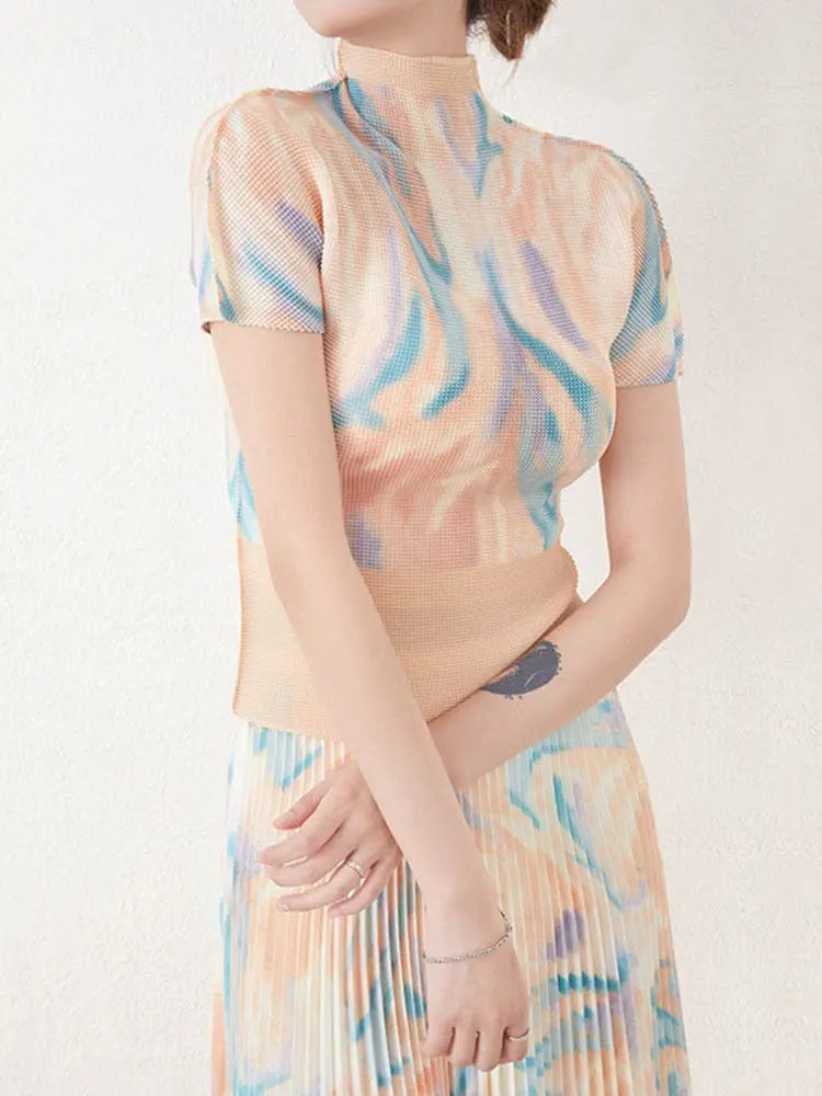 Two Pieces Pleated Set Women Turtleneck Short Sleeve T Shirt Long Loose Skirts Retro Sets Female Elegant Clothing eprolo