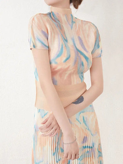 Two Pieces Pleated Set Women Turtleneck Short Sleeve T Shirt Long Loose Skirts Retro Sets Female Elegant Clothing eprolo