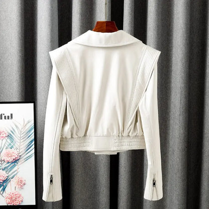 Jacket For Women New European Genuine Leather Coat Female Zipper Large Lapel Short Oversize Locotive Whtie eprolo