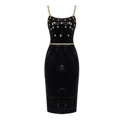 Black Evening Dinner Dress Women Elegant Square Collar Crystal Sequins Spaghetti Strap Dresses eprolo
