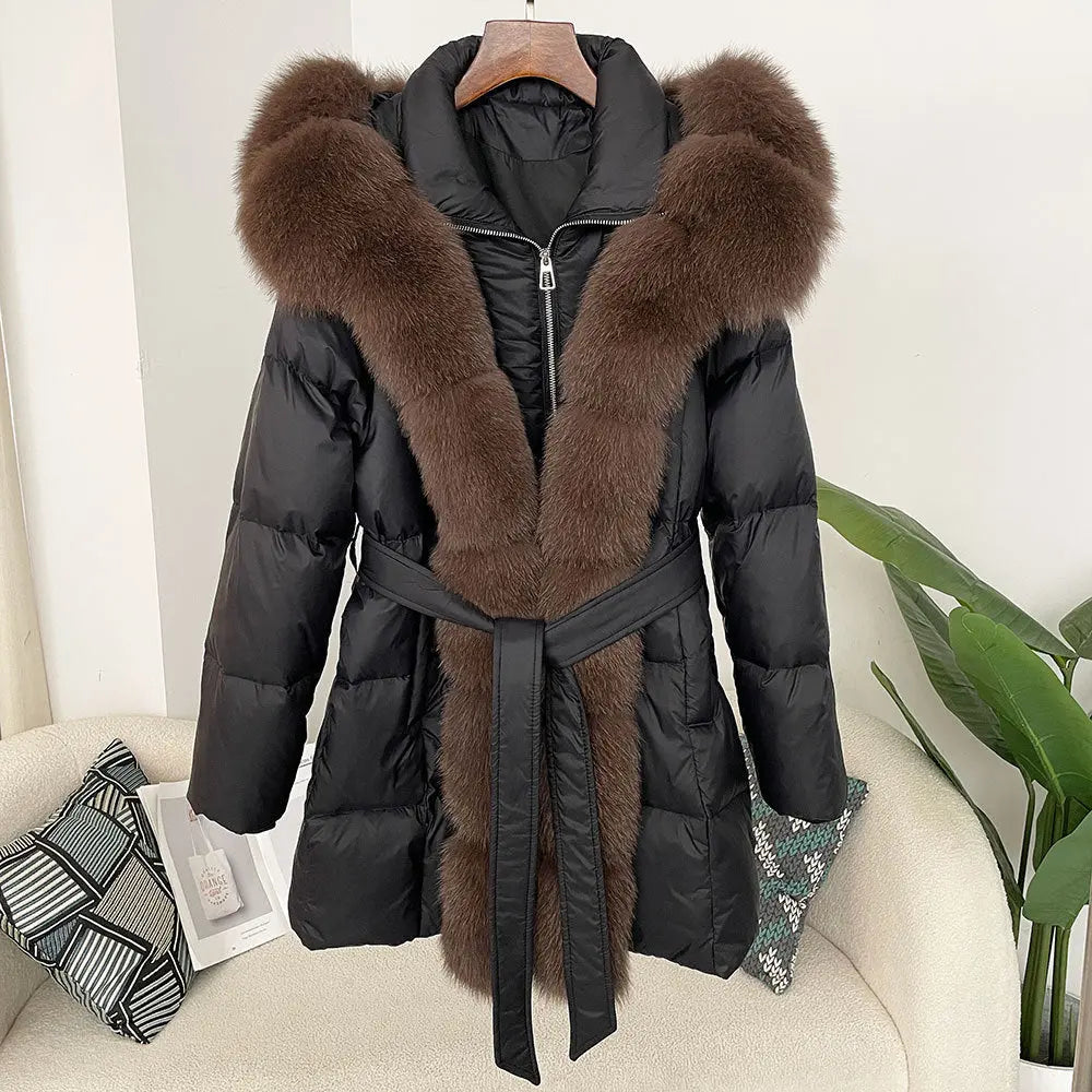 Hooded down jacket women's fox fur collar eprolo