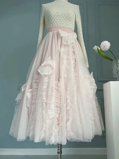High-End Mesh Long Skirt Handmade Bow Gauze Skirt Fairy High Waist Slimming Umbrella Skirt Designer Model Skirt Evening Dresses eprolo