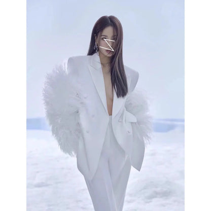 White Feather Personality Blazer Women New Lapel Long Sleeve Loose Fit Jacket Fashion Tide Spring Autumn eprolo