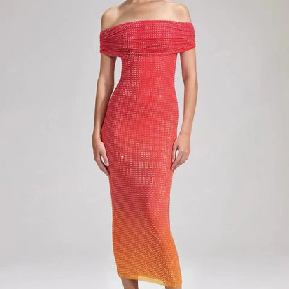 Heavy hot drilling midi dress women Slash neck sexy slim long dress eprolo