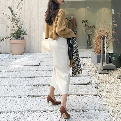 Gray fashion leather skirt female autumn and winter khaki white high waist one step skirt package hip half-length long skirt eprolo