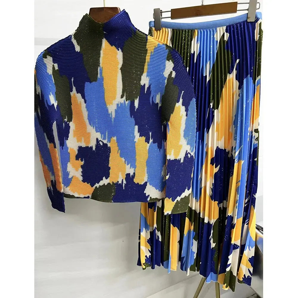 Long Halfskirt Set Women's Fashion Women's Spring New Long Sleeve Pleated T-shirt Pleated Skirt Two Piece Set eprolo