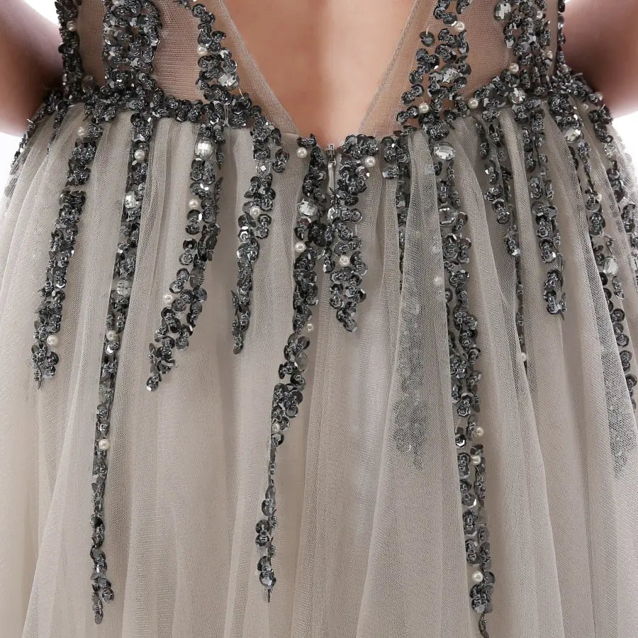 Sexy Side Split Prom Dresses  Deep V-Neck Backless Beads Crystal Party Gowns Sleeveless Sweep Train Cheap Tulle Party Dress eprolo