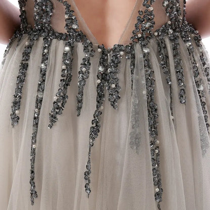 Sexy Side Split Prom Dresses  Deep V-Neck Backless Beads Crystal Party Gowns Sleeveless Sweep Train Cheap Tulle Party Dress eprolo