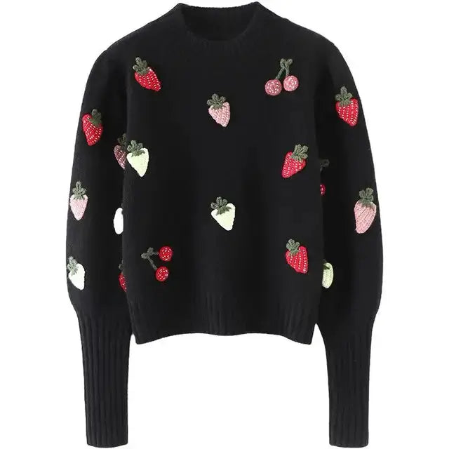 Strawberry Crochet Knit Sweater Pullover Women Half High Collar Long Sleeve Tops Knitwear Spring Stylish Fashion Chic Jumpe eprolo