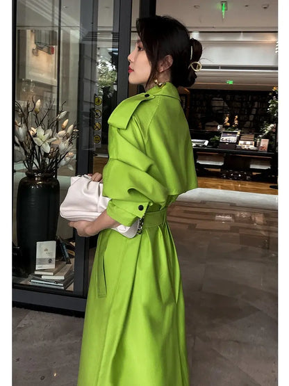 Fluorescent green large lapel mid length lace up loose windbreaker jacket eprolo