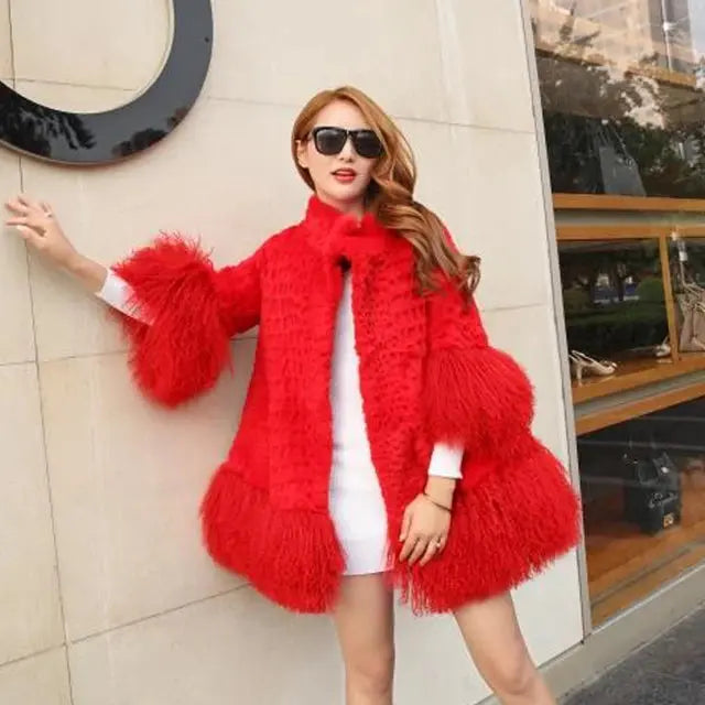 Europe and America women Mongolia Sheep fur sleeve and hem ladies loose outwear Genuine fur coat fashion New fur jacket eprolo