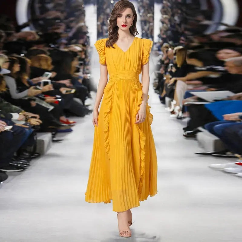 Women's V-neck Qiaoqi pleated wood ear patchwork yellow banquet dress long skirt eprolo