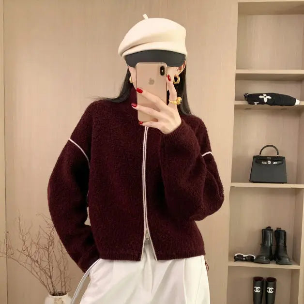 Wool Coat Heavyweight Thick Loose Stand Collar Double Zipper Sweater Women's Winter Wool Cardigan Top eprolo