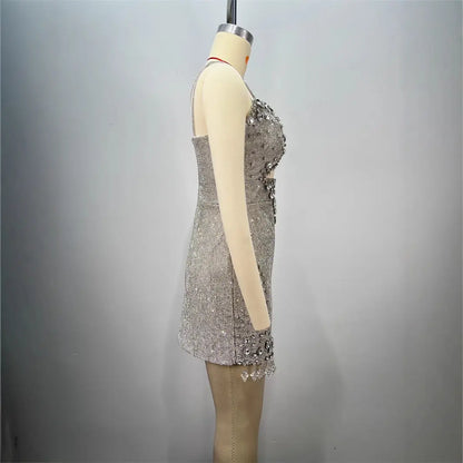 Fashionable Backless Strapless Fitted Mesh Beaded Casual Mini Bodycon Dress for Women eprolo