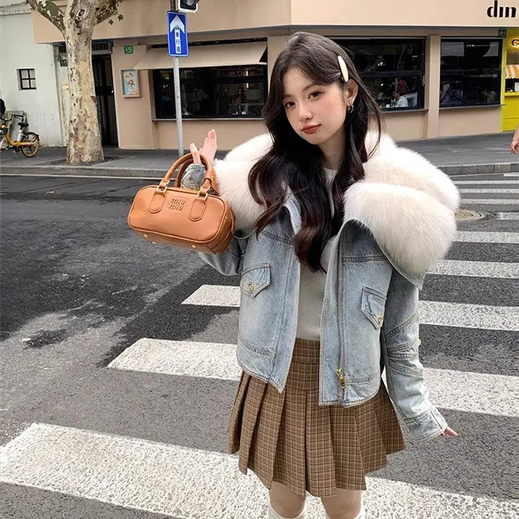 Faux Fur Neck Denim Coat For Women Long Sleeve Blue Patchwork Outwears Warmth Fashion Jacket Autumn Winter New eprolo