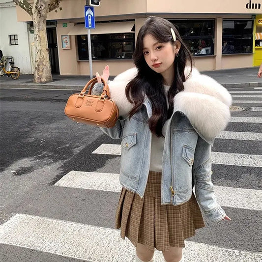 Faux Fur Neck Denim Coat For Women Long Sleeve Blue Patchwork Outwears Warmth Fashion Jacket Autumn Winter New eprolo