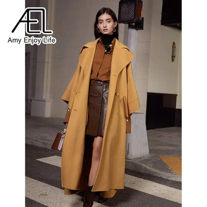 High End Customized Gardenia Yellow Big Cuffs Design Double-Sided Wool Coat Autumn And Winter New Women eprolo