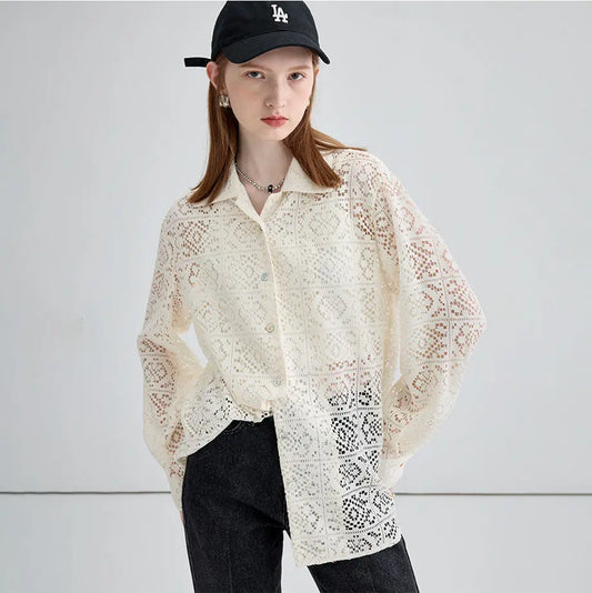 Women Arpicot Lace Hollow Out Big Size Elegant Blouse New Lapel Long Sleeve Shirt Fashion Trend Spring Autumn eprolo