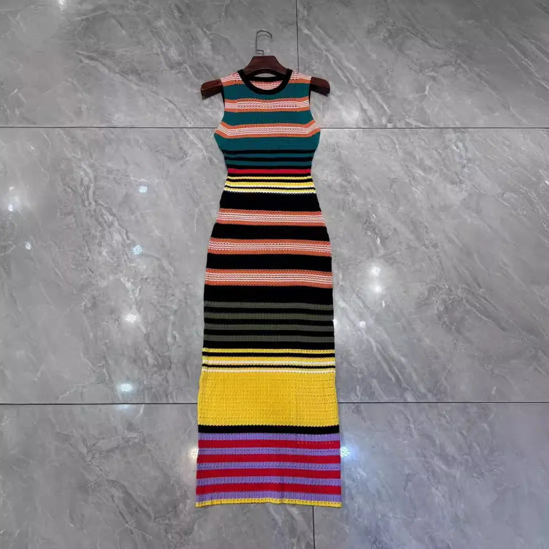 Colorful horizontal striped jacquard woven slim fitting sleeveless knitted dress eprolo