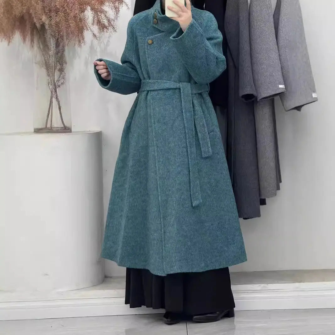 Vintage Hepburn style stand up collar long handmade double-sided wool coat, tall tie up eprolo