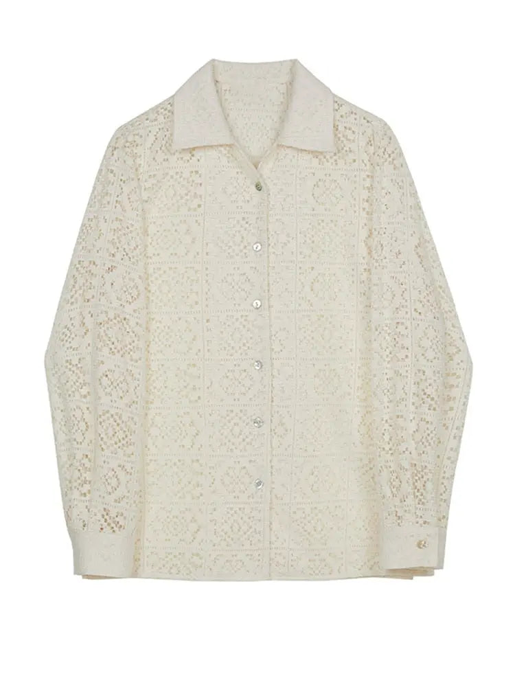 Women Arpicot Lace Hollow Out Big Size Elegant Blouse New Lapel Long Sleeve Shirt Fashion Trend Spring Autumn eprolo