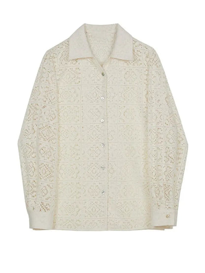 Women Arpicot Lace Hollow Out Big Size Elegant Blouse New Lapel Long Sleeve Shirt Fashion Trend Spring Autumn eprolo