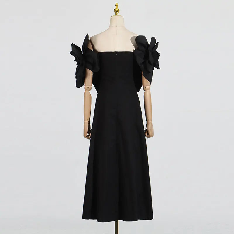 French Sexy One-Shoulder Dress with Floral Patchwork and Waist-Cinching Long Length eprolo