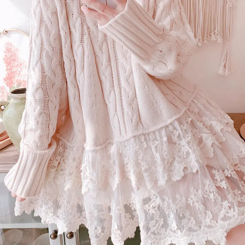 Original Japanese Sweet Spell Bud Silk Gauze Lazy Style Fried Dough Twist Knitting Sweater Pullover Loose Medium Length eprolo