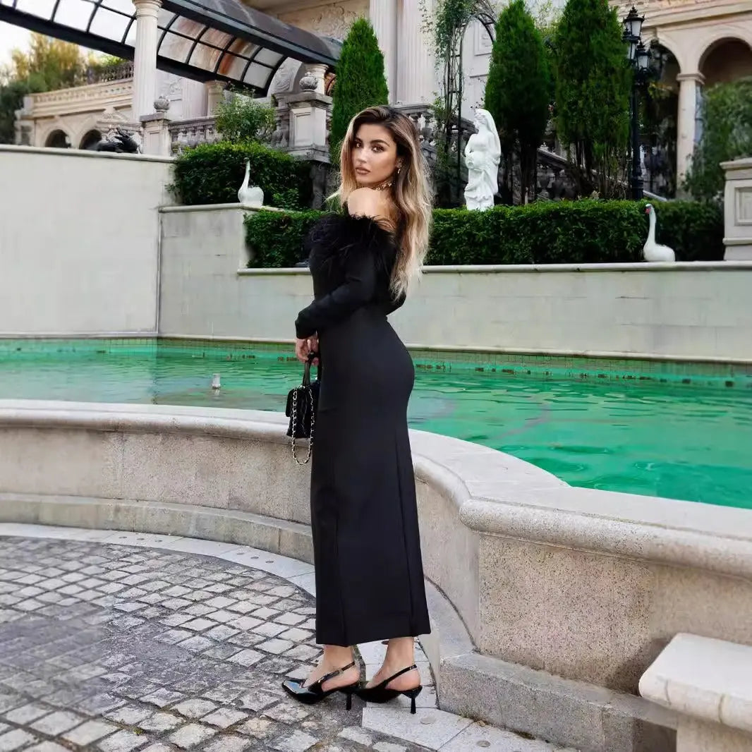 Sexy One Word Hairy Neck Dress for Wearing Outside and Wearing Inside with Hip Wrapping Dress and Bandage Dress eprolo