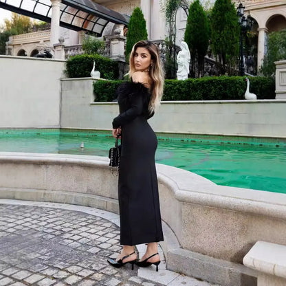 Sexy One Word Hairy Neck Dress for Wearing Outside and Wearing Inside with Hip Wrapping Dress and Bandage Dress eprolo