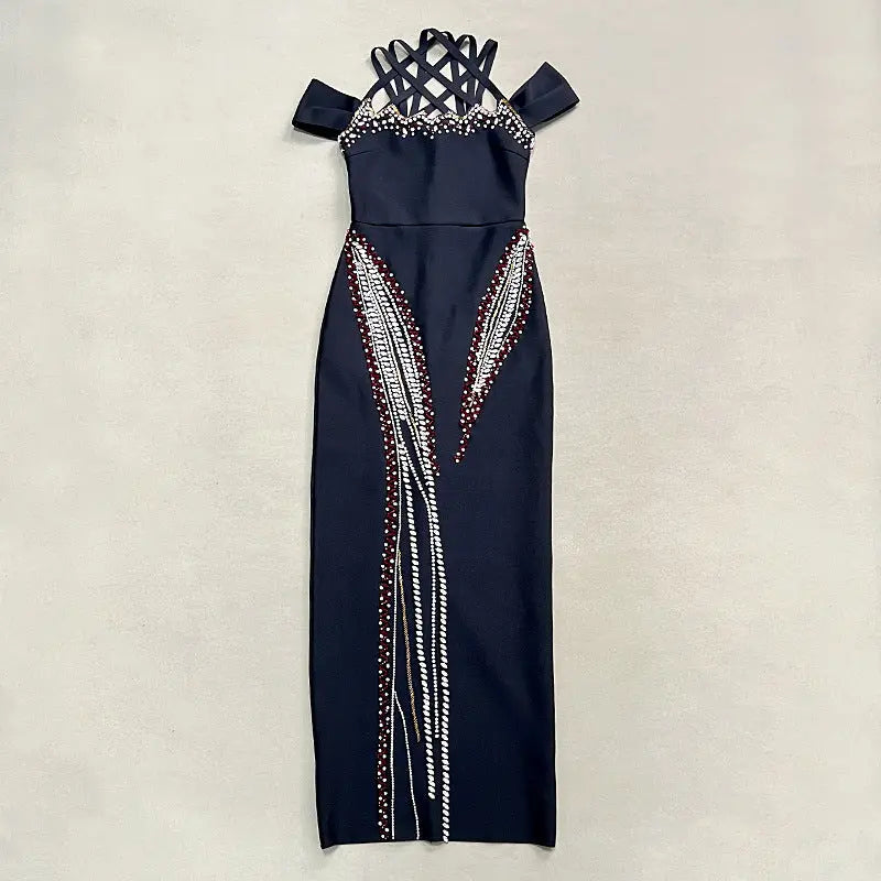 Style Backless Halter Sleeveless Fitted Beaded Embellished Bodycon Long Maxi Pencil Party Dress eprolo