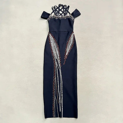 Style Backless Halter Sleeveless Fitted Beaded Embellished Bodycon Long Maxi Pencil Party Dress eprolo