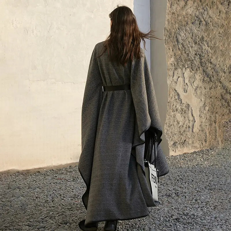 Loose Patchwork Wool Jacket For Women O Neck Batwing Sleeve Casual Solid Cloak Coat Female Fashion New eprolo