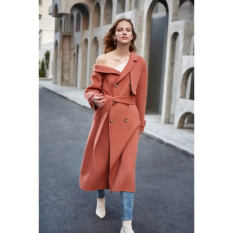Double Woolen Woman's Upmarket Coat One Shoulder Overcoat Female New Fashion Temperament Women's Popular Woolen Coat eprolo