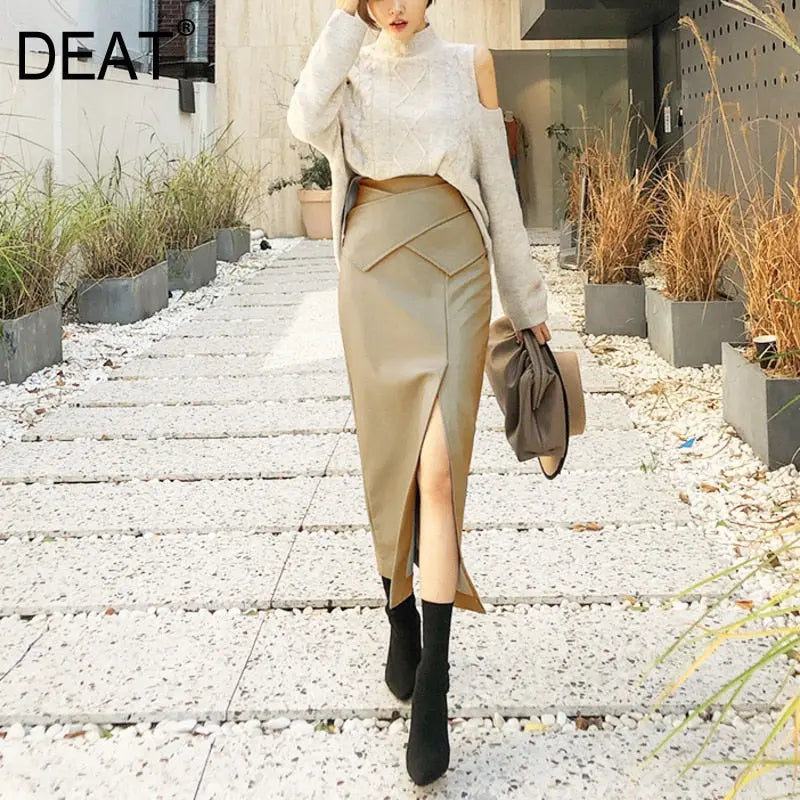Gray fashion leather skirt female autumn and winter khaki white high waist one step skirt package hip half-length long skirt eprolo