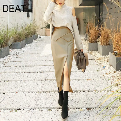 Gray fashion leather skirt female autumn and winter khaki white high waist one step skirt package hip half-length long skirt eprolo
