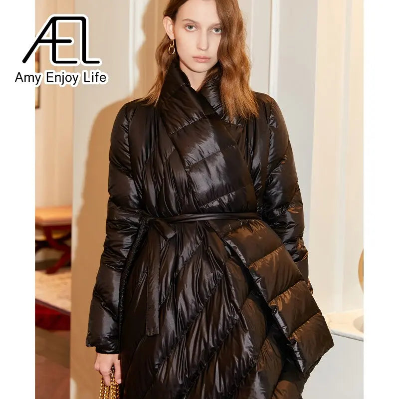 AEL Belt Down Jacket Women Winter Irregular Long Coat Fashion Parka Lady Streetwear High Quality eprolo