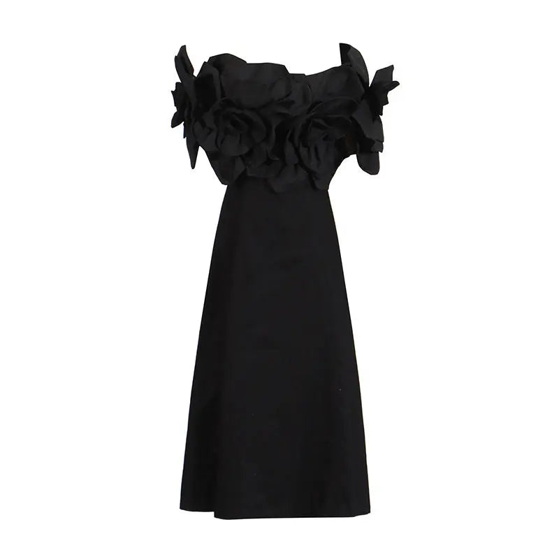 French Sexy One-Shoulder Dress with Floral Patchwork and Waist-Cinching Long Length eprolo