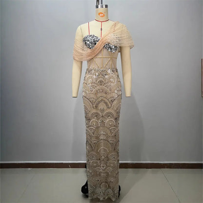 Sexy Design Mesh Sleeveless Fitted Sequined Long Length Bodycon Party Wholesale Women's Dress eprolo